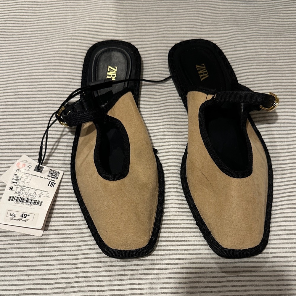 Zara Beige and Black Open-Toe Flats